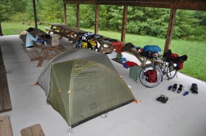 This particular pavilion was behind a church in Pennsylvania. IT rained the whole night and next morning--but we packed up a dry tent! What luxury!