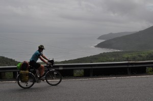 Riding along a more mountainous part of the coast on a misty morning. 