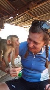 Making friends with the pet monkey--the key is to offer a bit of food, which I did.