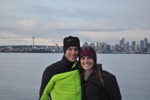 On the boat back into the city, with sunset on Seattle in the background. 