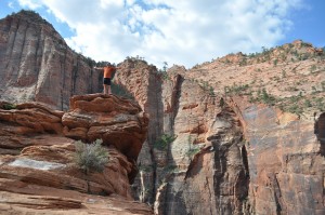 This picture does not do justice to the height of this rock... or to the canyon dropoff to the right of Dave!