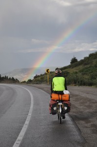 This rainbow appeared as we rode over the top of the Dallas Divide (8970 feet), one of our easier climbs in Colorado.