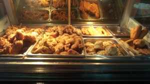 Fried chicken, fried potato wedges, fried anything-you-want... this lovely display from a gas station in Mississippi.