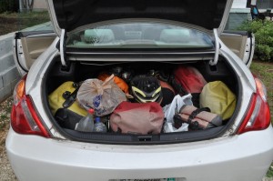 Our gear finds a different home... in the trunk of the car. Sad, but it gave us a sense of finality that the Tour had ended. 