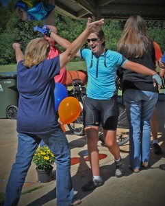 Joyous reunion--mom and daughter.