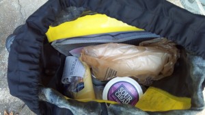 My pannier--full of groceries rather than the typical camping equipment and clothes!