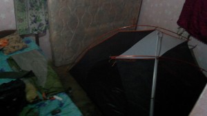 A somewhat fuzzy photo of our tent inside at what we now affectionately call "the bat house."