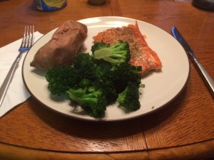 Dinner day 1: salmon, sweet potato and broccoli. Something tells me I'll be taking a lot of food pictures over the next month!