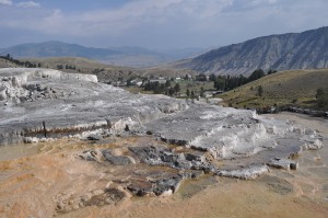 View over Mammoth Terraces and the valley beyond