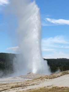 Well you can’t go to Yellowstone and miss Old Faithful. It’s a bit of tourist area, really, but why wouldn’t it be? This geyser is very predictable, and we enjoyed catching several eruptions.